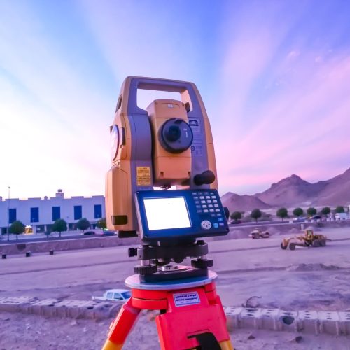 Total station - Surveyor equipments (theodolite or total positioning station) on the construction site of the road or building